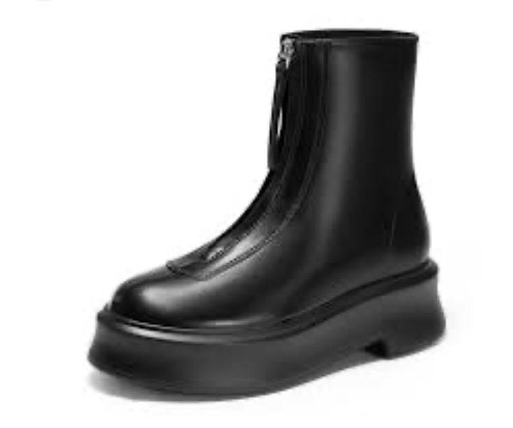 Coutgo Womens Black Platform Ankle Boots Front Zip Chunky Low Block Heel Size 9